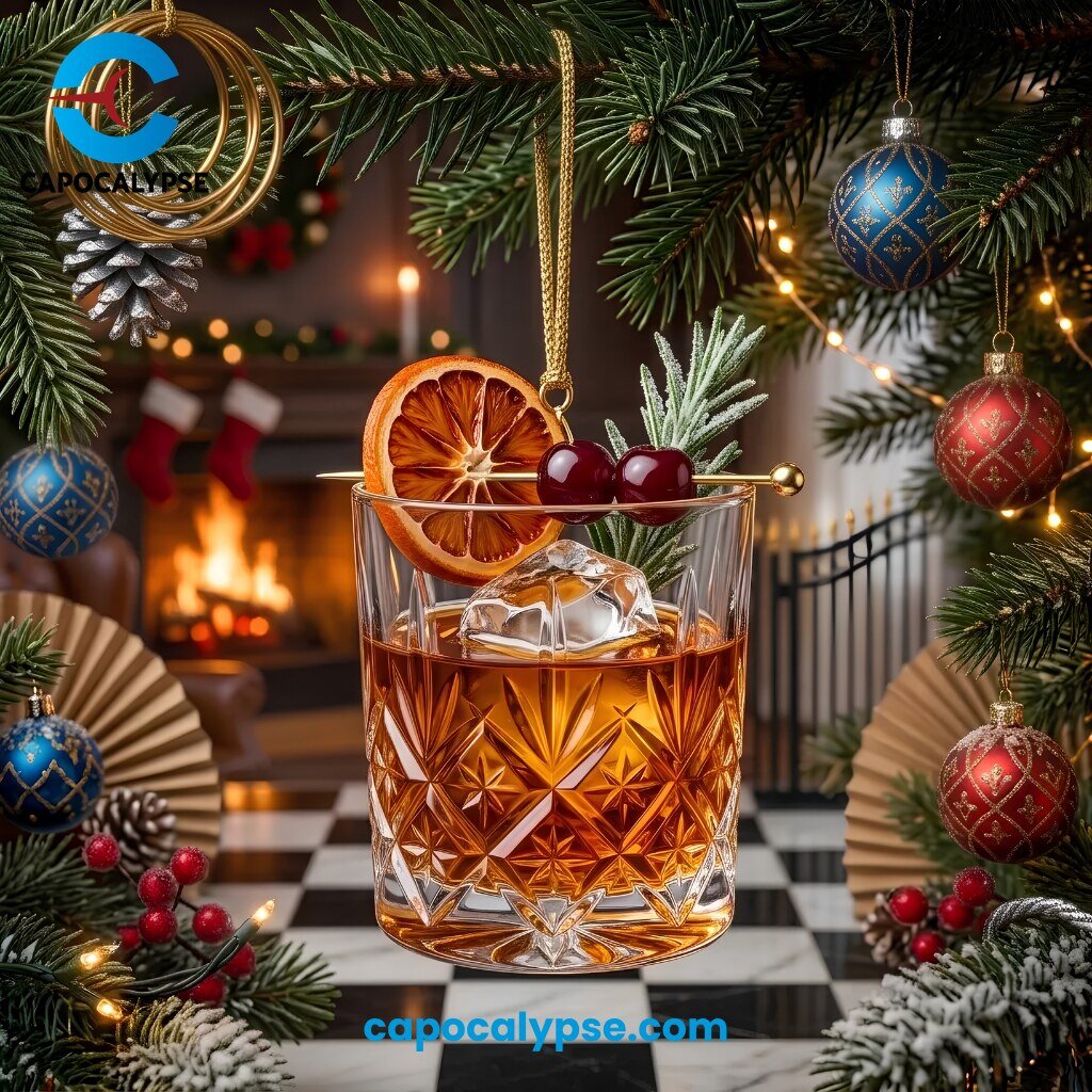 Whiskey Cocktail Glass Christmas Ornament With Orange Slice and Cranberries 1 Whiskey cocktail ornament with crystal-cut glass filled with amber spirit, orange slice and cranberries on rim, clear ice cubes, hanging against festive garland and holiday fireplace backdrop