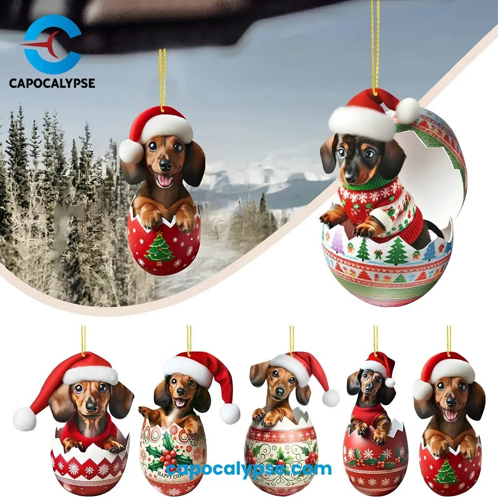 Dachshund Advent Calendar 2026 With 24 Collectible Dog Ornaments In Holiday Ceramic Cups 8 Dachshund Advent Calendar 2026 featuring 24 collectible dog ornaments with dachshund heads in red Santa hats nested in festive ceramic cups, mugs, and teapots with holiday patterns, displayed on wooden table with fireplace