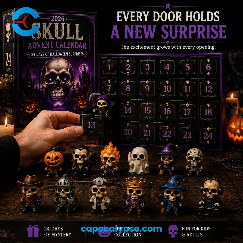 Skull Advent Calendar 2026 With 24 Collectible Unique Skeleton Character Figurines 24 Days Of Halloween Surprises 10 Skull Advent Calendar 2026 featuring 24 collectible skeleton character figurines with unique personalities including vampire, pirate, pumpkin, ghost, witch, and astronaut skull designs displayed on wooden surface with purple numbered advent box