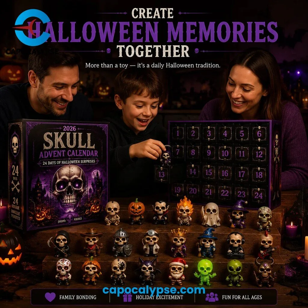 Skull Advent Calendar 2026 With 24 Collectible Unique Skeleton Character Figurines 24 Days Of Halloween Surprises 11 Skull Advent Calendar 2026 featuring 24 collectible skeleton character figurines with unique personalities including vampire, pirate, pumpkin, ghost, witch, and astronaut skull designs displayed on wooden surface with purple numbered advent box