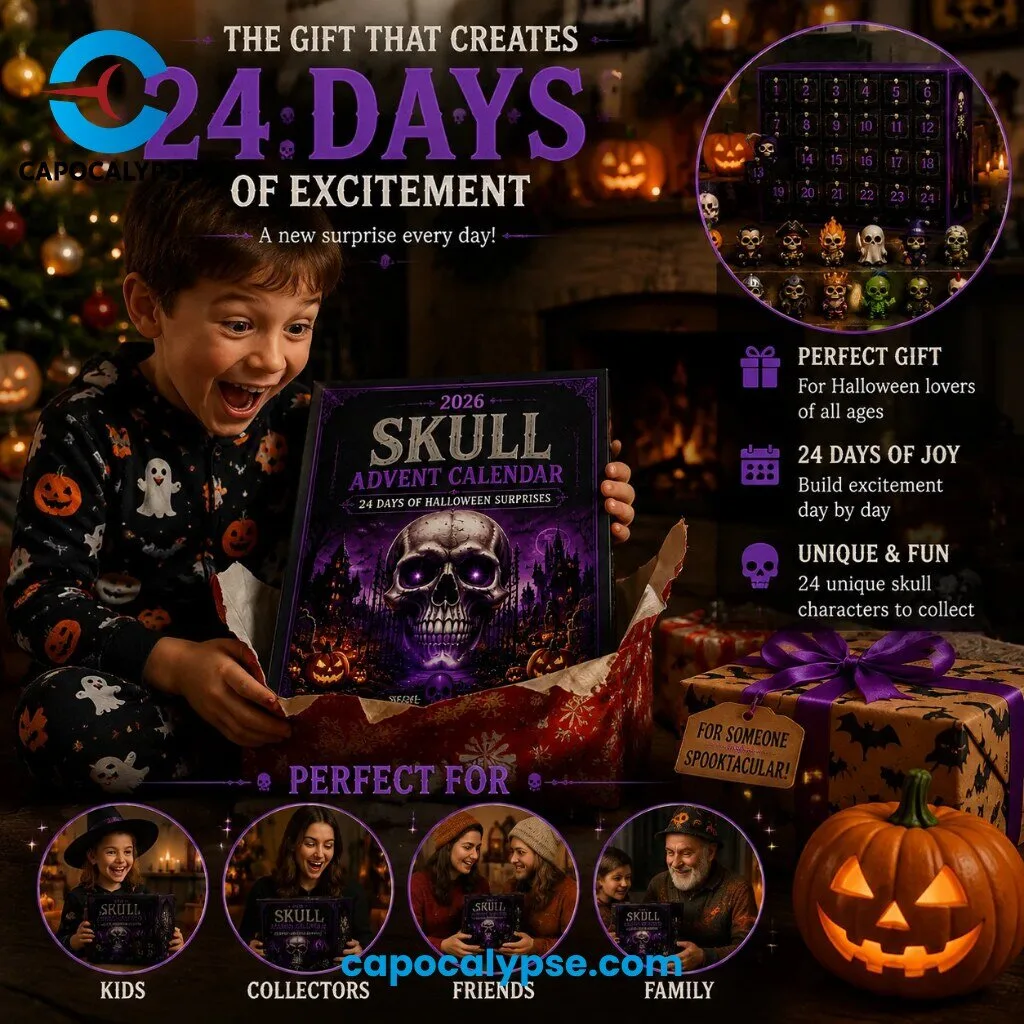Skull Advent Calendar 2026 With 24 Collectible Unique Skeleton Character Figurines 24 Days Of Halloween Surprises 12 Skull Advent Calendar 2026 featuring 24 collectible skeleton character figurines with unique personalities including vampire, pirate, pumpkin, ghost, witch, and astronaut skull designs displayed on wooden surface with purple numbered advent box