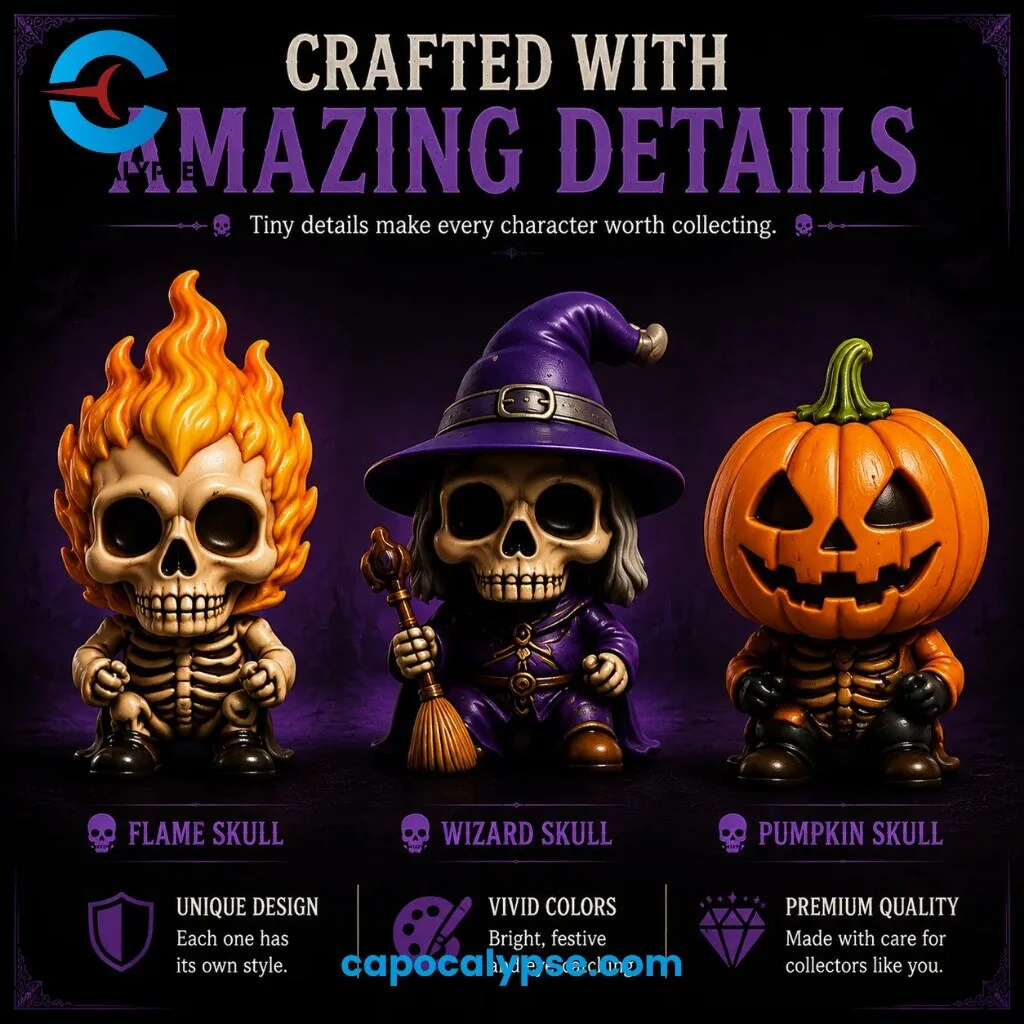 Skull Advent Calendar 2026 With 24 Collectible Unique Skeleton Character Figurines 24 Days Of Halloween Surprises 13 Skull Advent Calendar 2026 featuring 24 collectible skeleton character figurines with unique personalities including vampire, pirate, pumpkin, ghost, witch, and astronaut skull designs displayed on wooden surface with purple numbered advent box