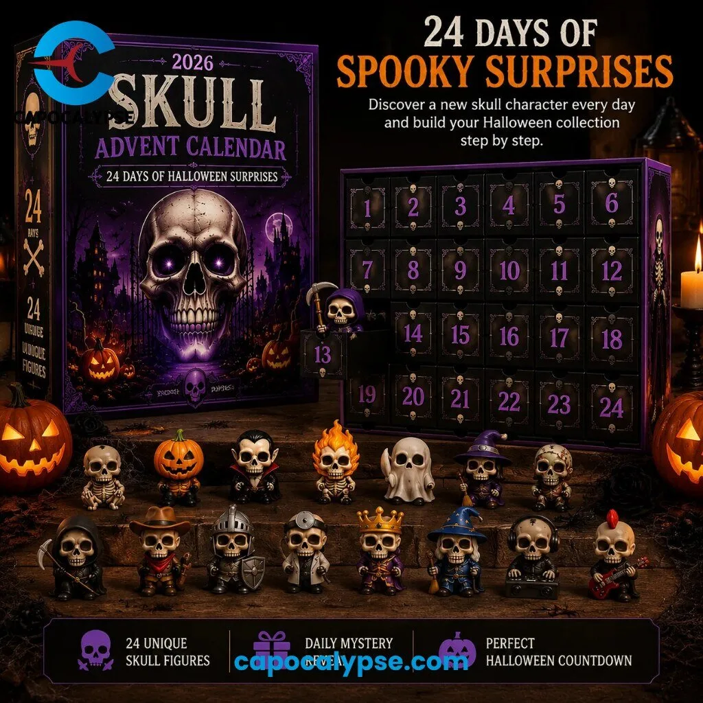 Skull Advent Calendar 2026 With 24 Collectible Unique Skeleton Character Figurines 24 Days Of Halloween Surprises 14 Skull Advent Calendar 2026 featuring 24 collectible skeleton character figurines with unique personalities including vampire, pirate, pumpkin, ghost, witch, and astronaut skull designs displayed on wooden surface with purple numbered advent box