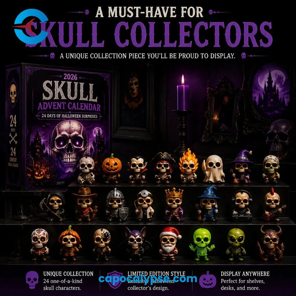 Skull Advent Calendar 2026 With 24 Collectible Unique Skeleton Character Figurines 24 Days Of Halloween Surprises 15 Skull Advent Calendar 2026 featuring 24 collectible skeleton character figurines with unique personalities including vampire, pirate, pumpkin, ghost, witch, and astronaut skull designs displayed on wooden surface with purple numbered advent box
