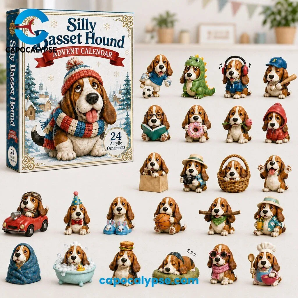 Silly Basset Hound Advent Calendar 24 Acrylic Ornaments