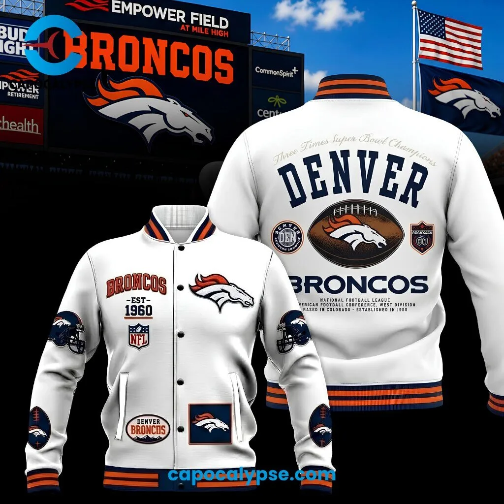 Denver Broncos Three Times Super Bowl Champions White Varsity Jacket