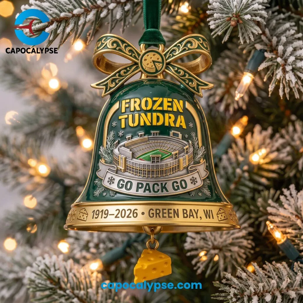 Green Bay Packers Frozen Tundra 1919-2026 Ornament Go Pack Go 1 Green Bay Packers Frozen Tundra ornament bell with Lambeau Field illustration, Go Pack Go banner, 1919-2026 Green Bay Wisconsin, gold bow, dangling cheese wedge charm