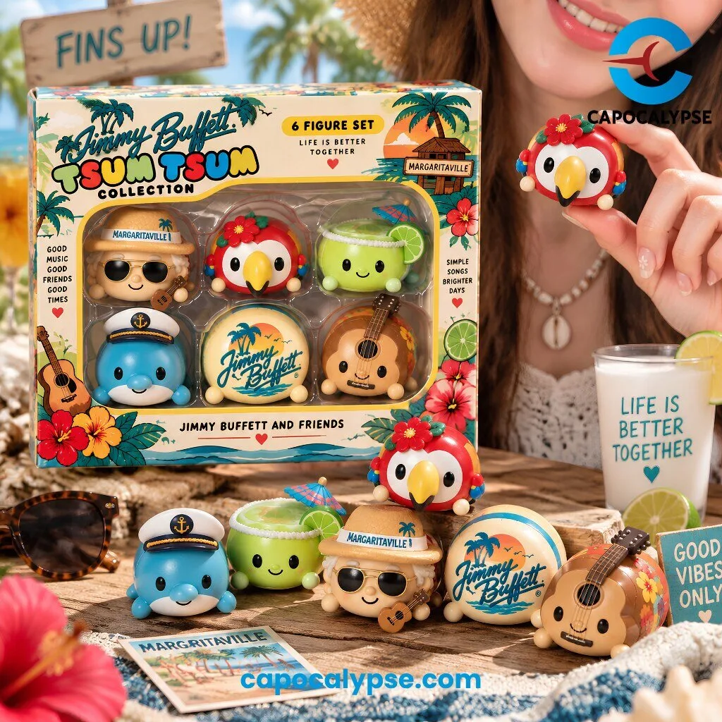 Jimmy Buffett Tsum Tsum Collection 6 Figure Set 5 Jimmy Buffett Tsum Tsum 6 figure set featuring Jimmy Buffett with sunglasses and guitar, parrot, margarita drink, sailor captain, Jimmy Buffett head, and acoustic guitar character displayed in protective case with tropical Margaritaville beach backdrop