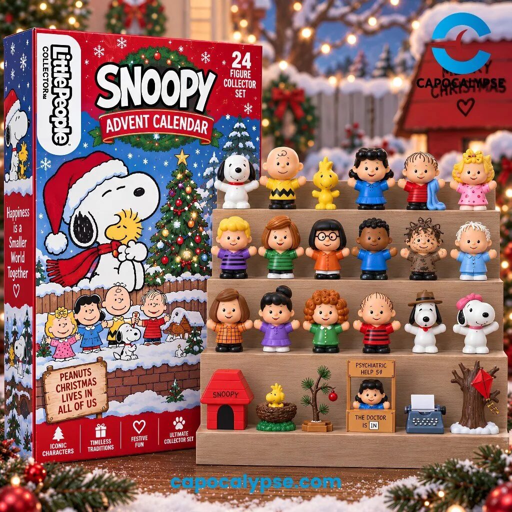 Snoopy Peanuts 24 Figure Collector Advent Calendar 3 Snoopy Peanuts 24 figure advent calendar featuring Snoopy, Woodstock, Charlie Brown, Lucy, Linus, Sally, and the entire Peanuts gang displayed in protective compartments with snow-covered Christmas trees and winter village backdrop