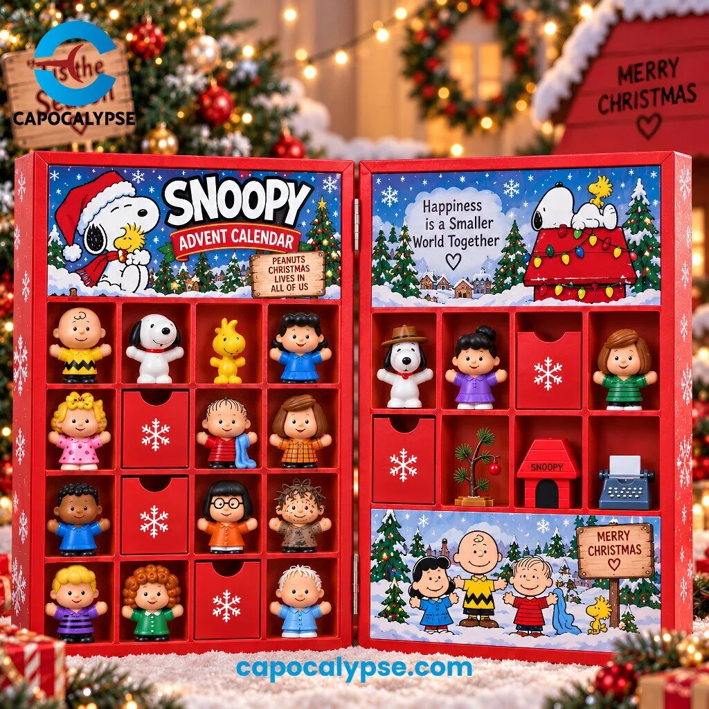 Snoopy Peanuts 24 Figure Collector Advent Calendar 4 Snoopy Peanuts 24 figure advent calendar featuring Snoopy, Woodstock, Charlie Brown, Lucy, Linus, Sally, and the entire Peanuts gang displayed in protective compartments with snow-covered Christmas trees and winter village backdrop