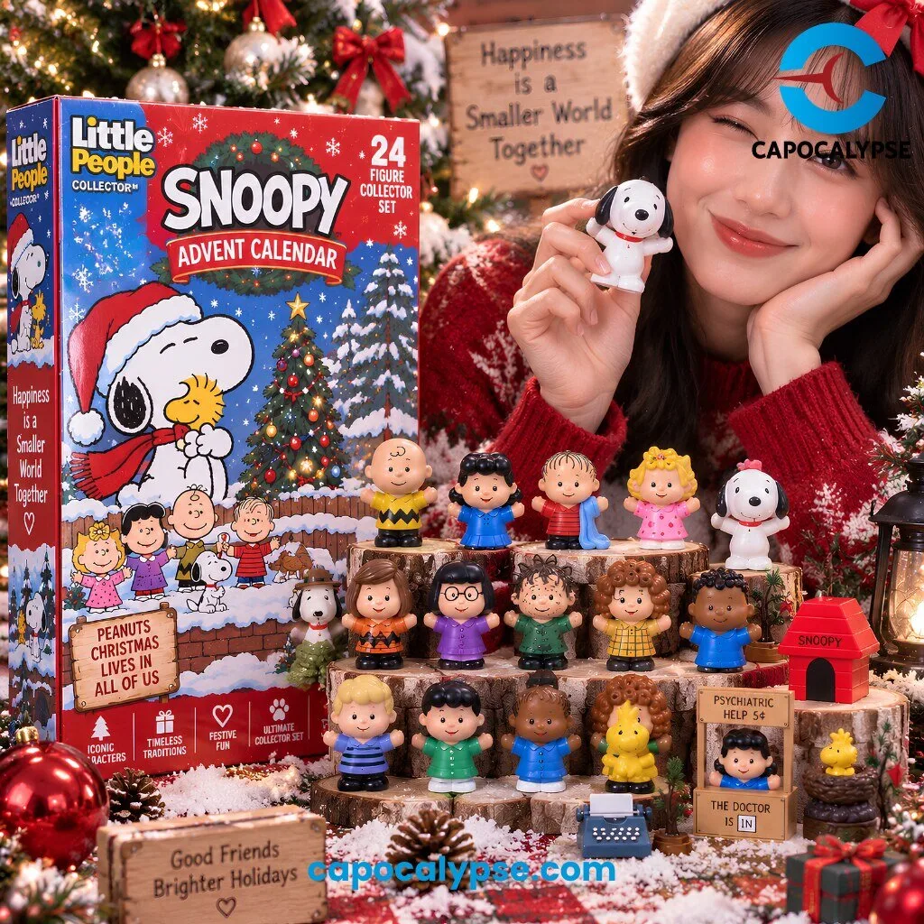 Snoopy Peanuts 24 Figure Collector Advent Calendar 5 Snoopy Peanuts 24 figure advent calendar featuring Snoopy, Woodstock, Charlie Brown, Lucy, Linus, Sally, and the entire Peanuts gang displayed in protective compartments with snow-covered Christmas trees and winter village backdrop