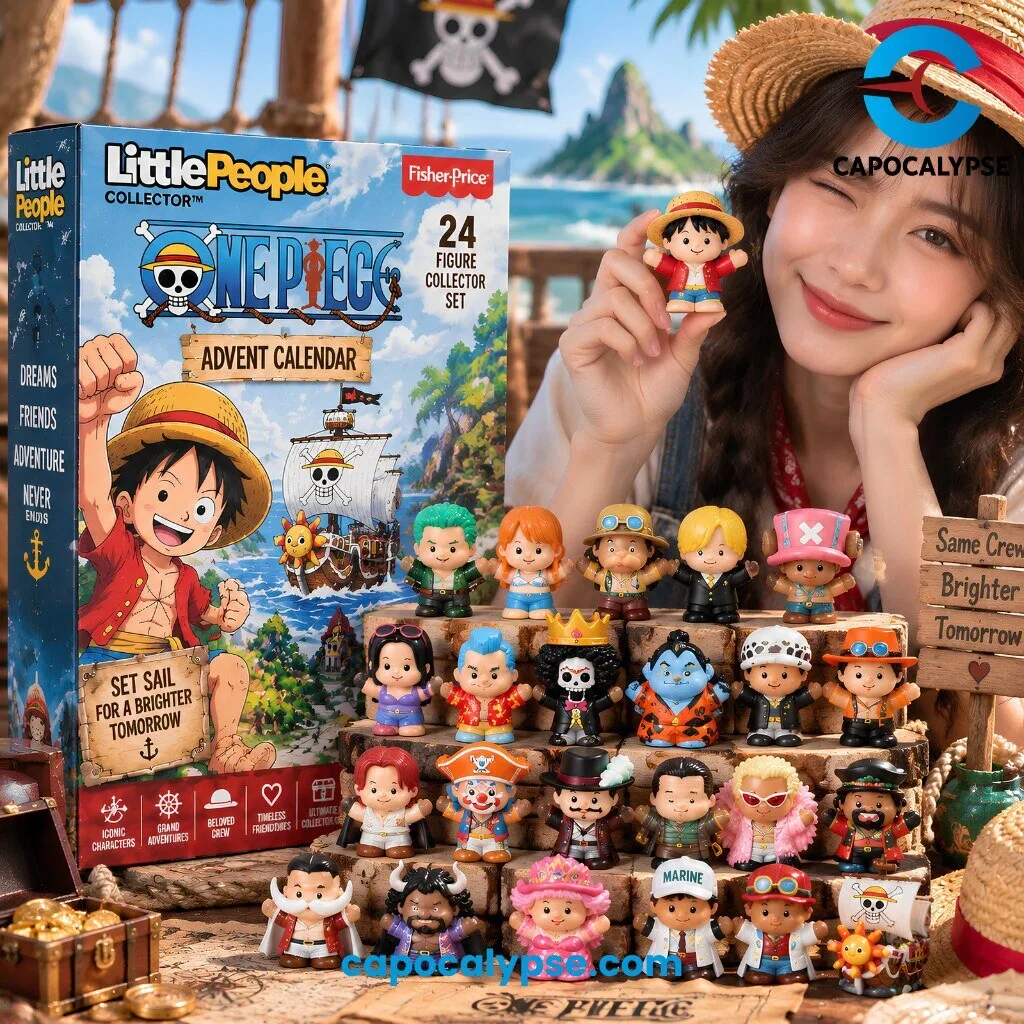 One Piece 24 Figure Collector Advent Calendar 5 One Piece 24 figure advent calendar featuring Luffy, Zoro, Nami, Usopp, Sanji, Chopper, Robin, Franky, Brook, and the Straw Hat crew displayed in protective compartments with tropical island and ocean backdrop