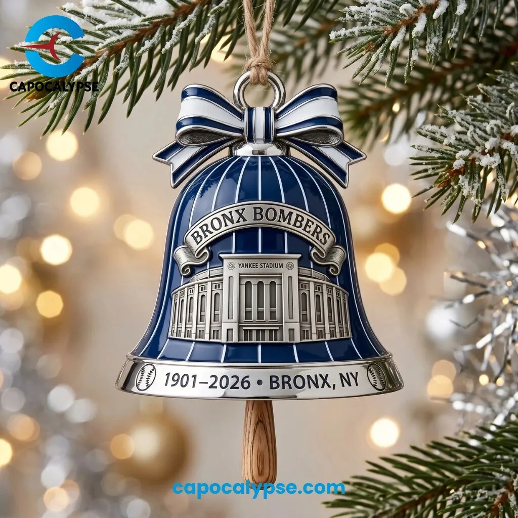 Bronx Bombers Yankee Stadium Bell Ornament with Wood Handle 1901-2026 1 Bronx Bombers navy blue striped metal bell ornament with Yankee Stadium engraving, wood handle, navy and white striped ribbon bow, 1901-2026 commemorative
