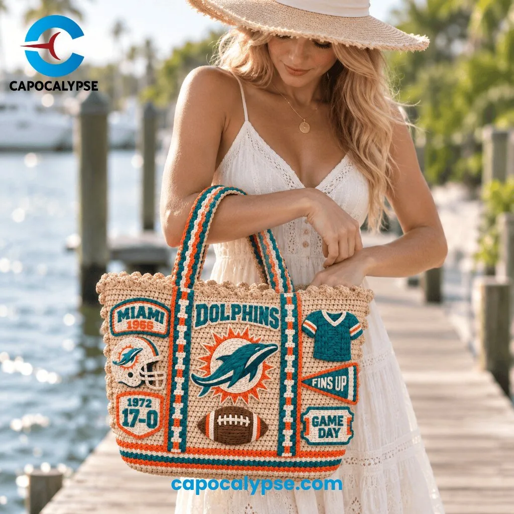 Miami Dolphins Crochet Tote Bag 5 Miami Dolphins crochet tote bag featuring cream knit body with teal embroidered jumping dolphin logo, Miami 1966 patch, helmet, 1972 17-0 undefeated season, and Fins Up Game Day text, with teal and orange stripe twisted handles