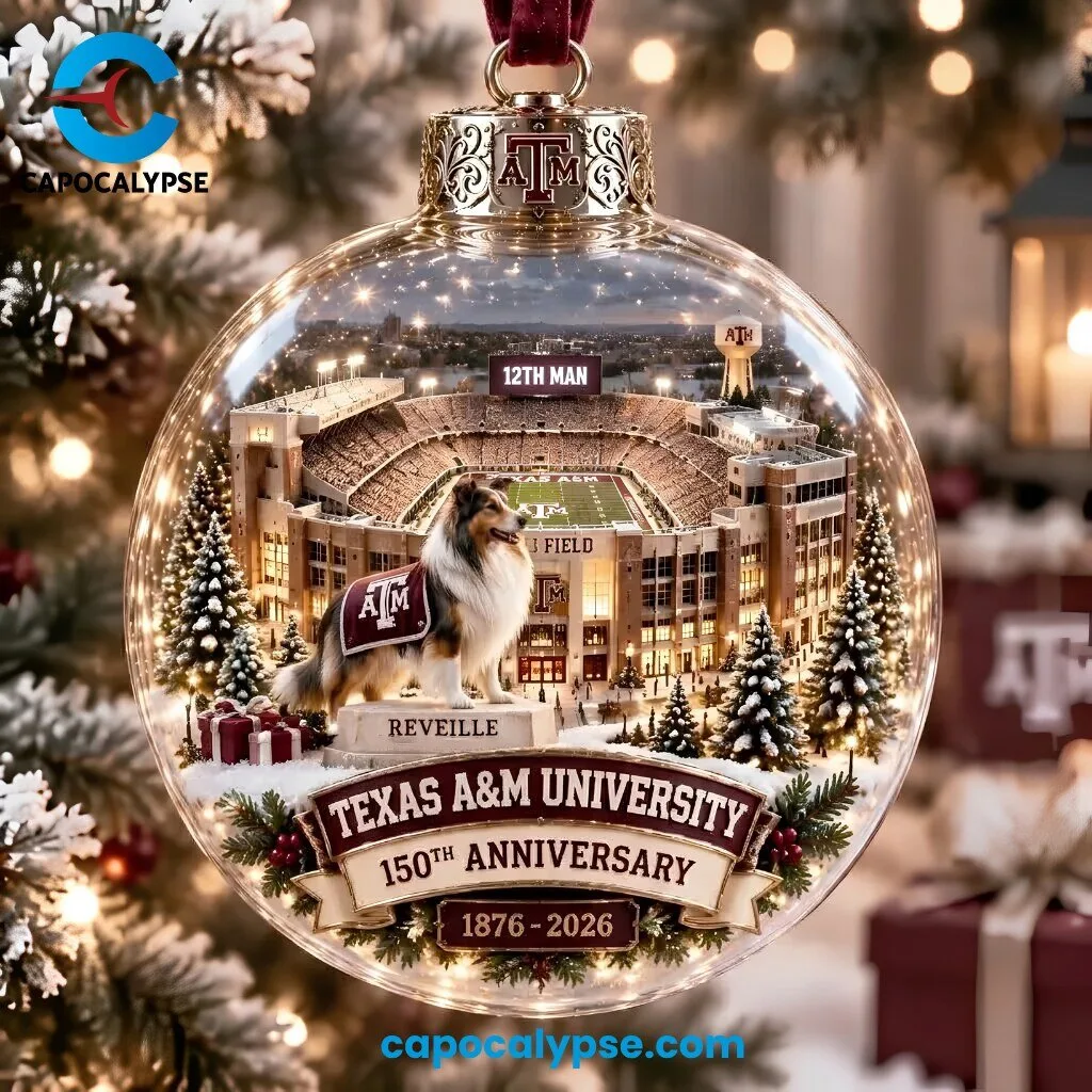 Texas A&M University 150th Anniversary Kyle Field Snow Globe Ornament 1 Texas A&M 150th Anniversary snow globe ornament featuring Kyle Field stadium with maroon seats, Reveille collie mascot in maroon coat, snow-covered campus with trees, metal ATM logo finial, burgundy ribbon hanger, 1876-2026