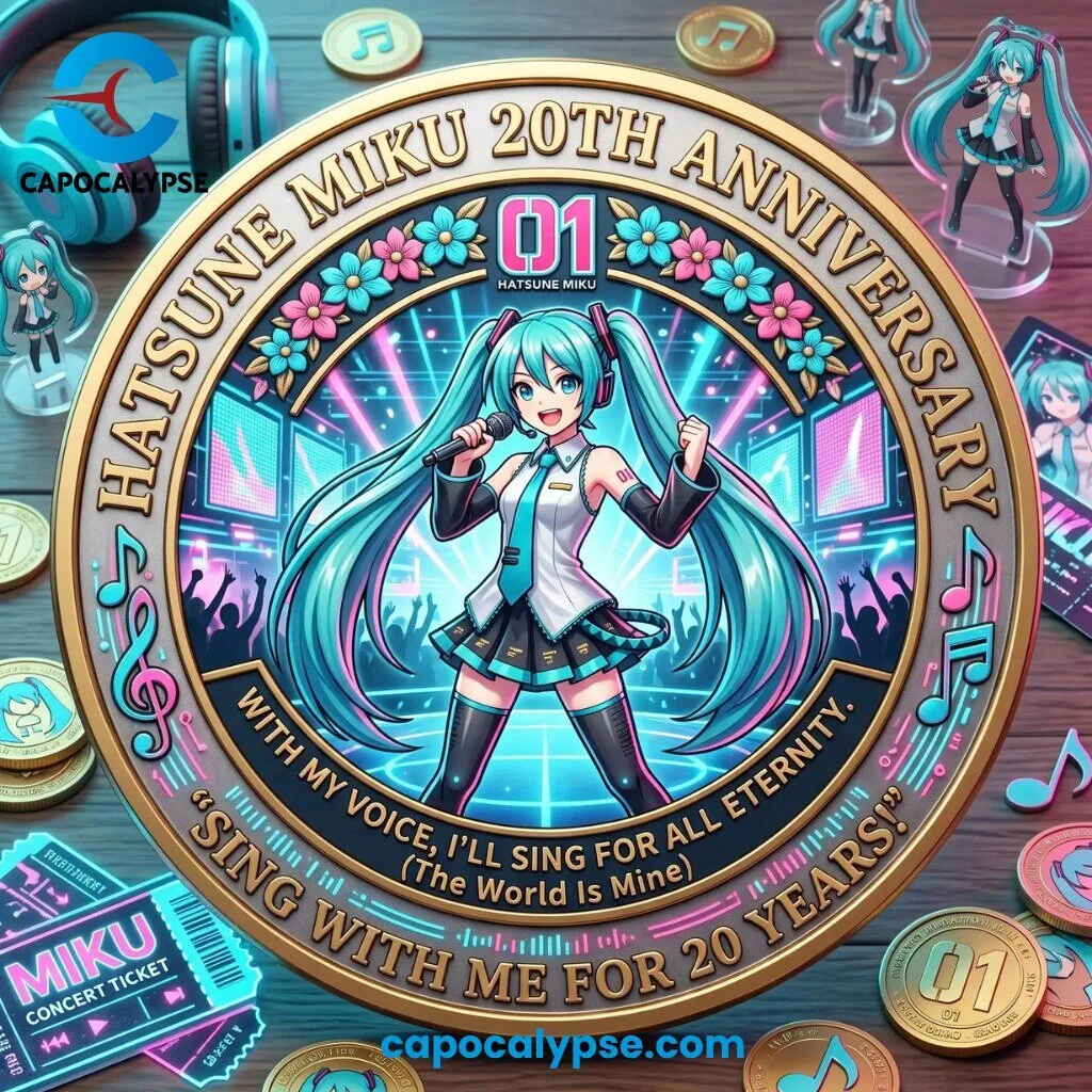 Hatsune Miku 20th Anniversary Commemorative Medallion With My Voice I'll Sing 1 Hatsune Miku 20th Anniversary gold metal medallion featuring turquoise Miku portrait wearing headphones with musical notes and flowers, With My Voice I