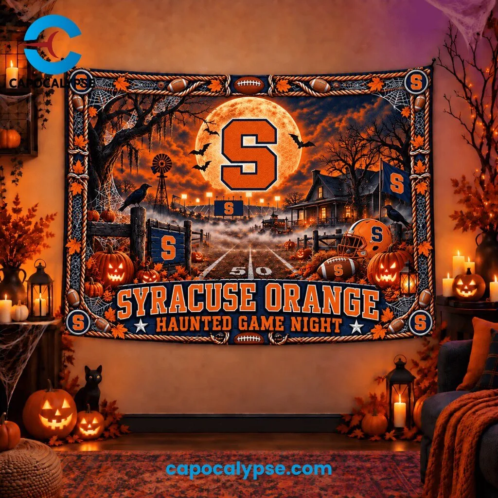 Syracuse Orange Haunted Game Night Tapestry 1 Syracuse Orange haunted game night tapestry with golden orange moon, orange S logo, spooky rural landscape with bats and autumn foliage on orange red sky
