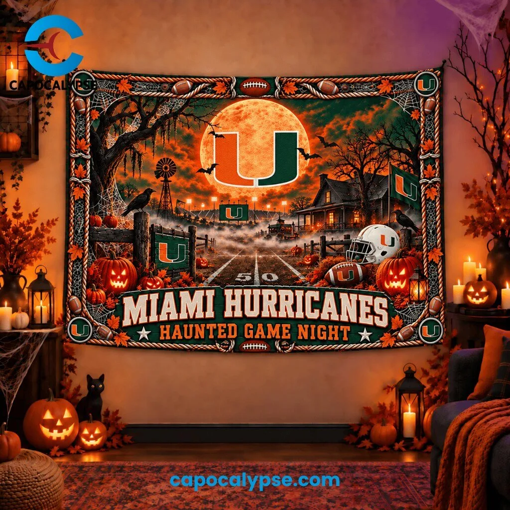 Miami Hurricanes Haunted Game Night Tapestry 1 Miami Hurricanes haunted game night tapestry with orange moon, orange U logo, spooky rural landscape with bats and autumn foliage on orange teal sky
