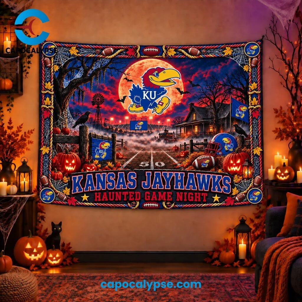 Kansas Jayhawks Haunted Game Night Tapestry 1 Kansas Jayhawks haunted game night tapestry with orange red moon, blue KU jayhawk logo with yellow details, spooky rural landscape with bats and autumn leaves on dark blue red sky
