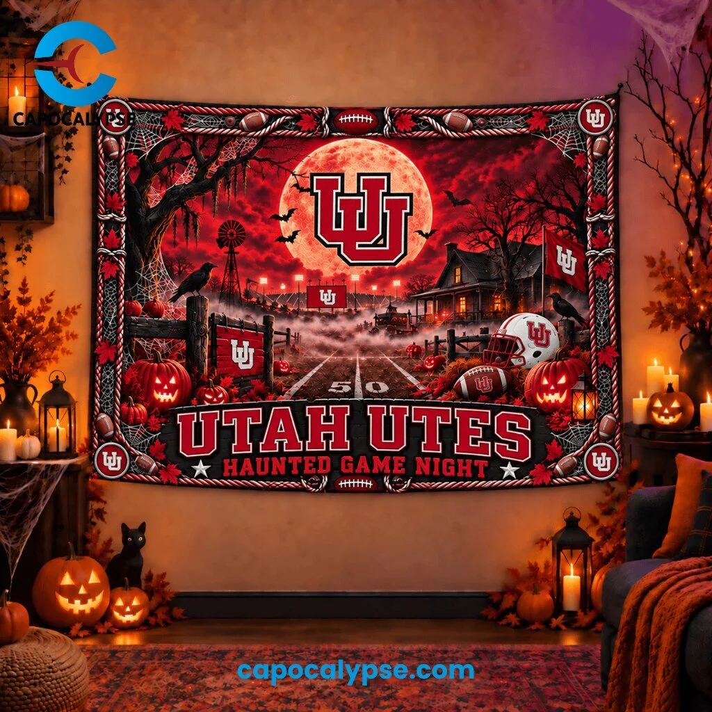 Utah Utes Haunted Game Night Tapestry 1 Utah Utes haunted game night tapestry with orange red moon, red U logo, spooky rural landscape with bats and autumn leaves on deep red sky