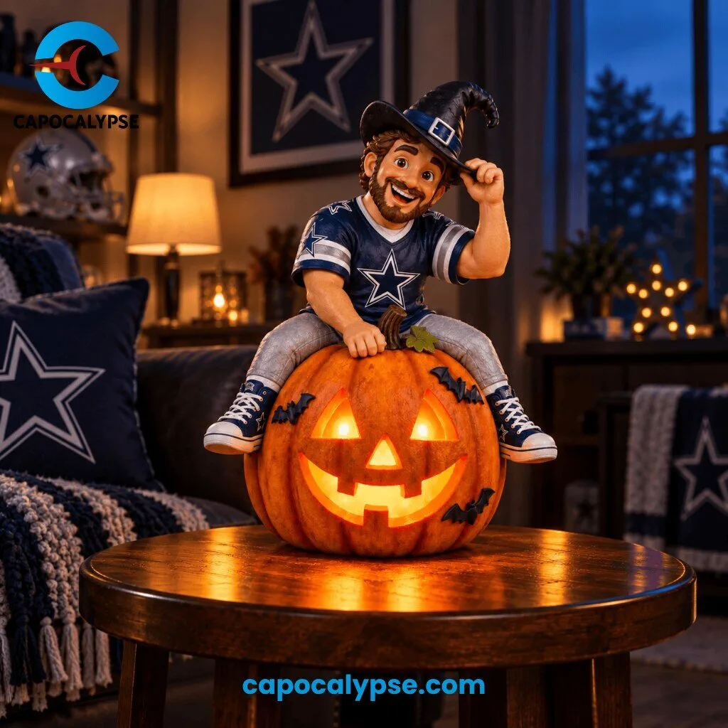 Dallas Cowboys Halloween Mascot LED Pumpkin Decoration Figure 3 Dallas Cowboys human mascot with curly hair and beard sitting on illuminated jack-o-lantern pumpkin wearing navy jersey with white star logo, silver striped sleeves, blue witch hat, and navy high-top sneakers