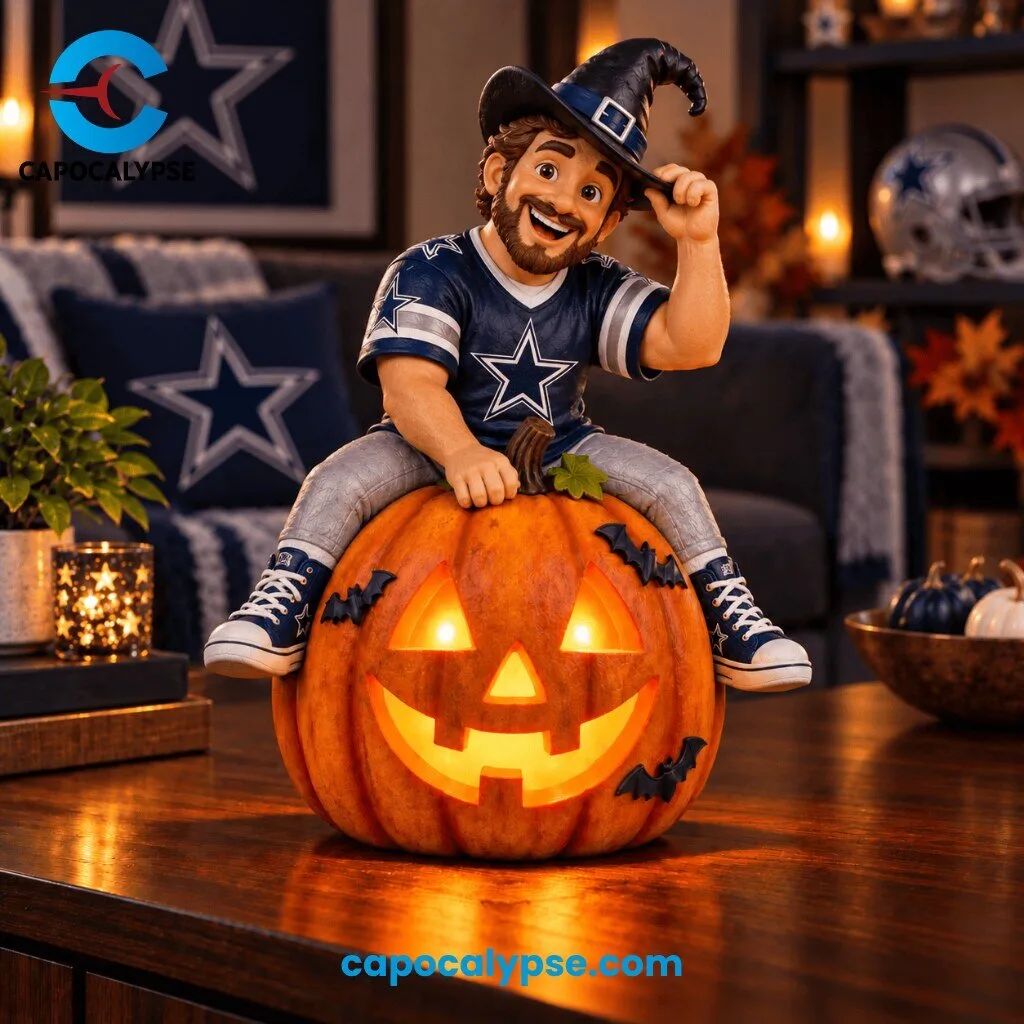 Dallas Cowboys Halloween Mascot LED Pumpkin Decoration Figure 4 Dallas Cowboys human mascot with curly hair and beard sitting on illuminated jack-o-lantern pumpkin wearing navy jersey with white star logo, silver striped sleeves, blue witch hat, and navy high-top sneakers