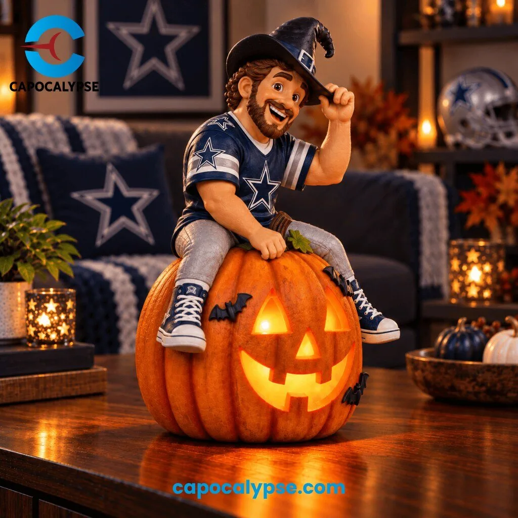 Dallas Cowboys Halloween Mascot LED Pumpkin Decoration Figure 5 Dallas Cowboys human mascot with curly hair and beard sitting on illuminated jack-o-lantern pumpkin wearing navy jersey with white star logo, silver striped sleeves, blue witch hat, and navy high-top sneakers
