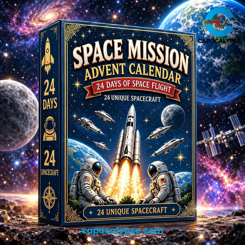 Space Mission Advent Calendar 24 Days of Space Flight Enamel Pin Charms 2 Space Mission Advent Calendar box featuring 24 enamel pin spacecraft charms, navy blue design with gold text, astronauts, and launching rocket illustration