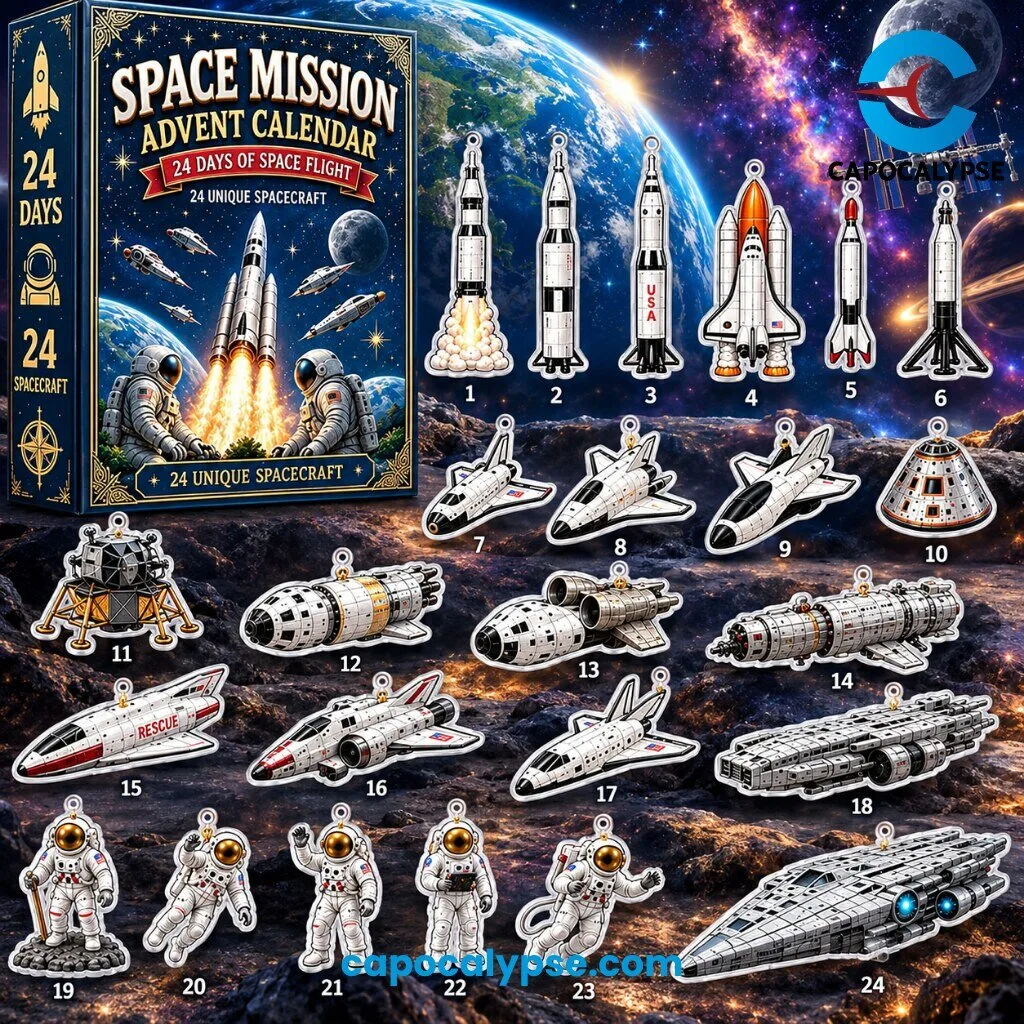 Space Mission Advent Calendar 24 Days of Space Flight Enamel Pin Charms 3 Space Mission Advent Calendar box featuring 24 enamel pin spacecraft charms, navy blue design with gold text, astronauts, and launching rocket illustration