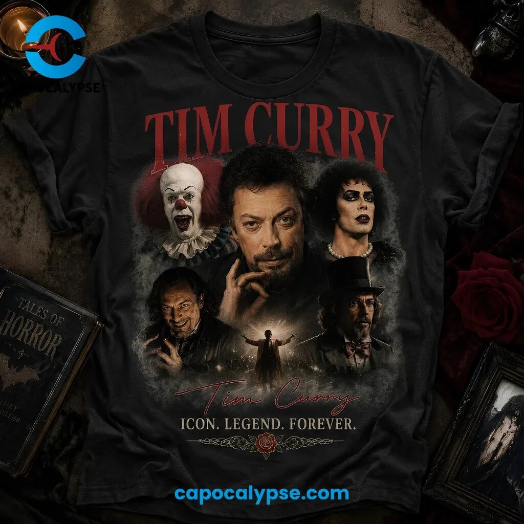 Tim Curry Icon Legend Forever T-Shirt 2 Tim Curry Icon Legend Forever t-shirt in black with burgundy text featuring iconic horror character portraits and silhouette design
