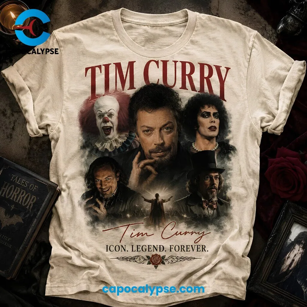 Tim Curry Icon Legend Forever T-Shirt 3 Tim Curry Icon Legend Forever t-shirt in black with burgundy text featuring iconic horror character portraits and silhouette design