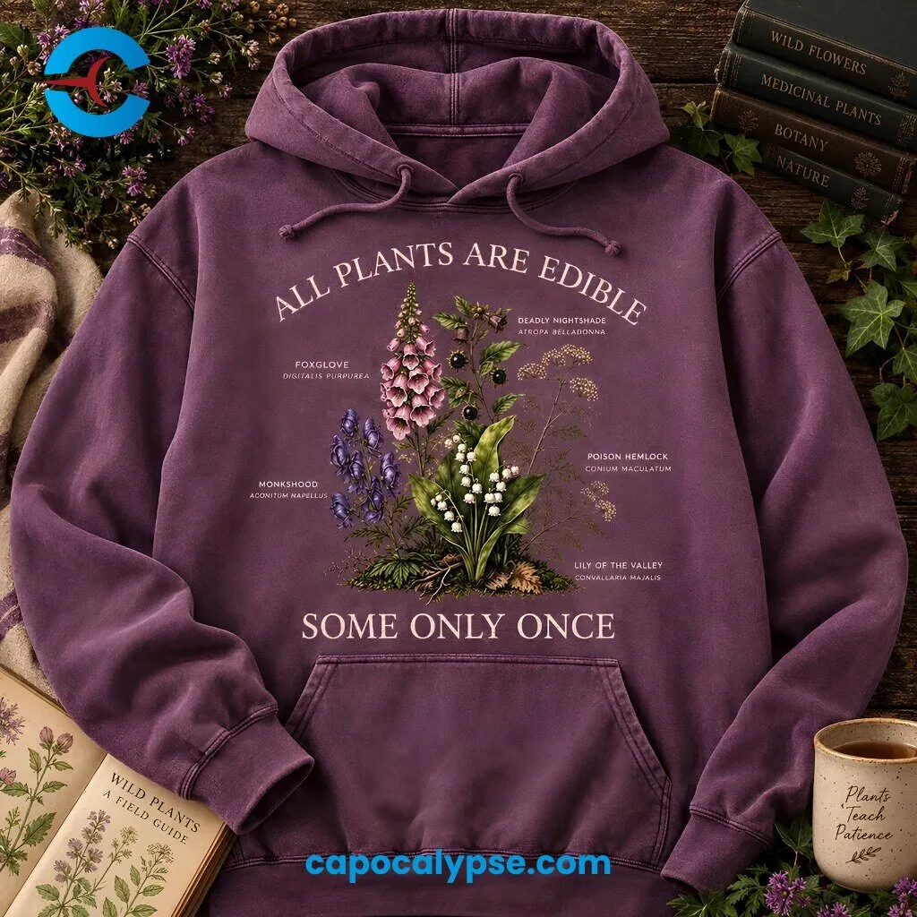 All Plants Are Edible Some Only Once Botanical Poison Hoodie 3 All Plants Are Edible botanical poison hoodie featuring detailed illustration of deadly nightshade, foxglove, monkshood, poison hemlock, and lily of the valley on deep purple fabric