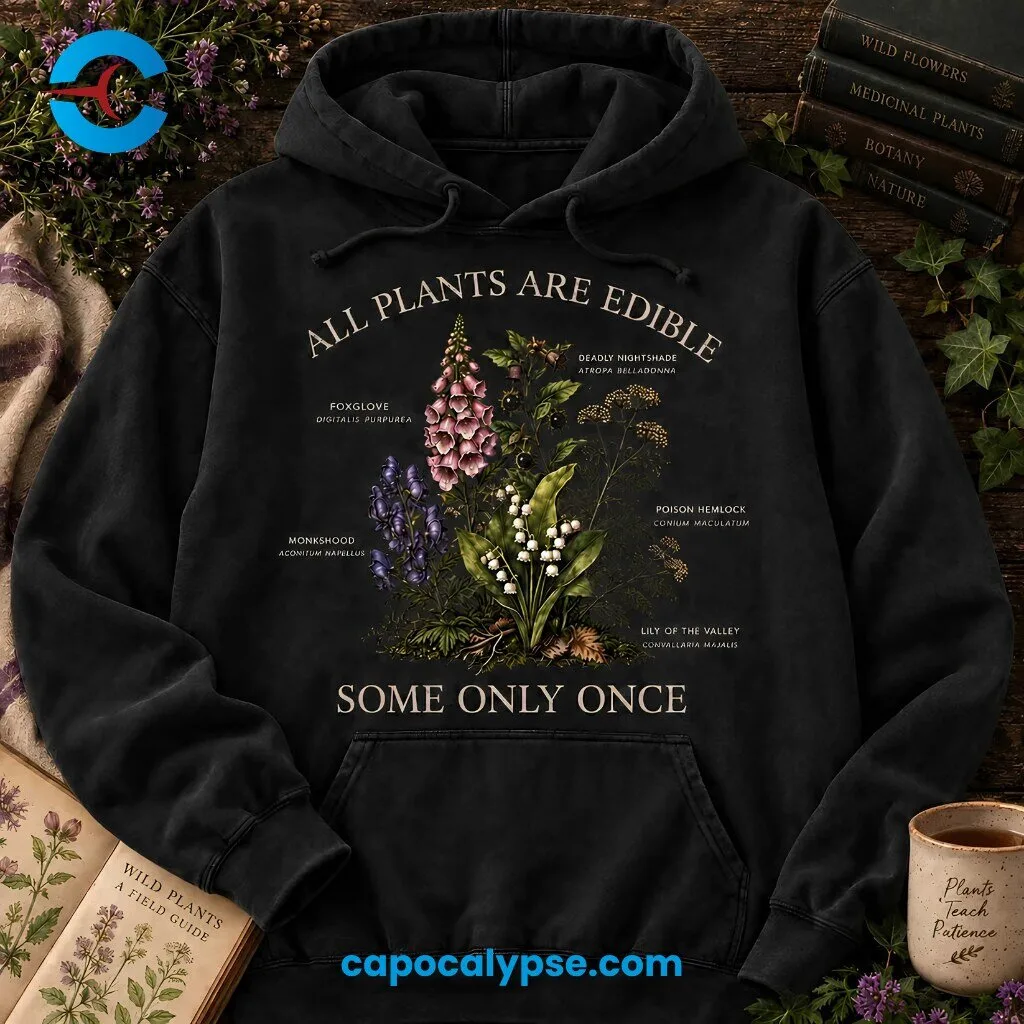 All Plants Are Edible Some Only Once Botanical Poison Hoodie 4 All Plants Are Edible botanical poison hoodie featuring detailed illustration of deadly nightshade, foxglove, monkshood, poison hemlock, and lily of the valley on deep purple fabric