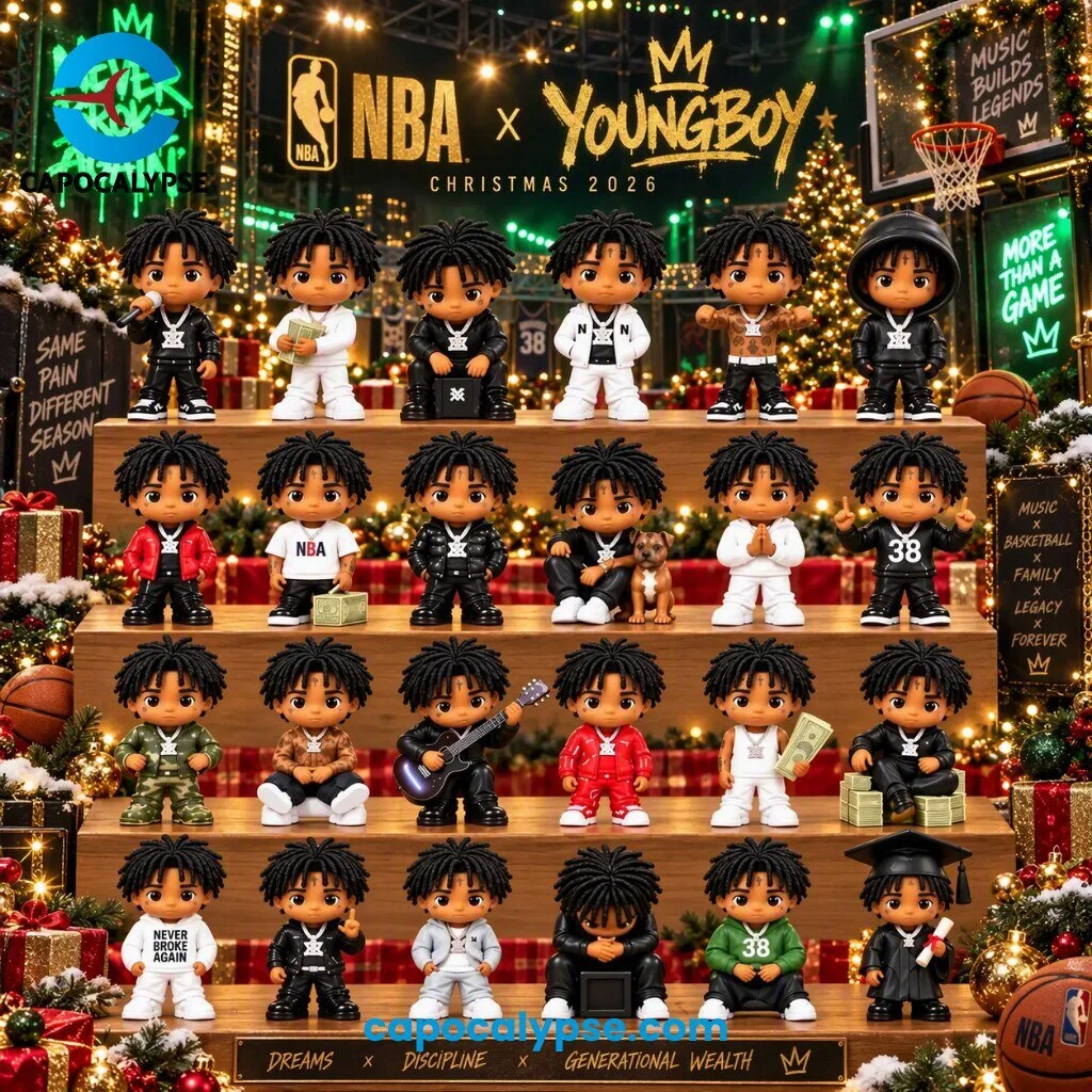NBA x Youngboy Advent Calendar 2026 24 Days of Hip Hop Culture 7 NBA x Youngboy Advent Calendar 2026 featuring rapper portrait on black box with neon green crown logo and 24 collectible hip hop figurines