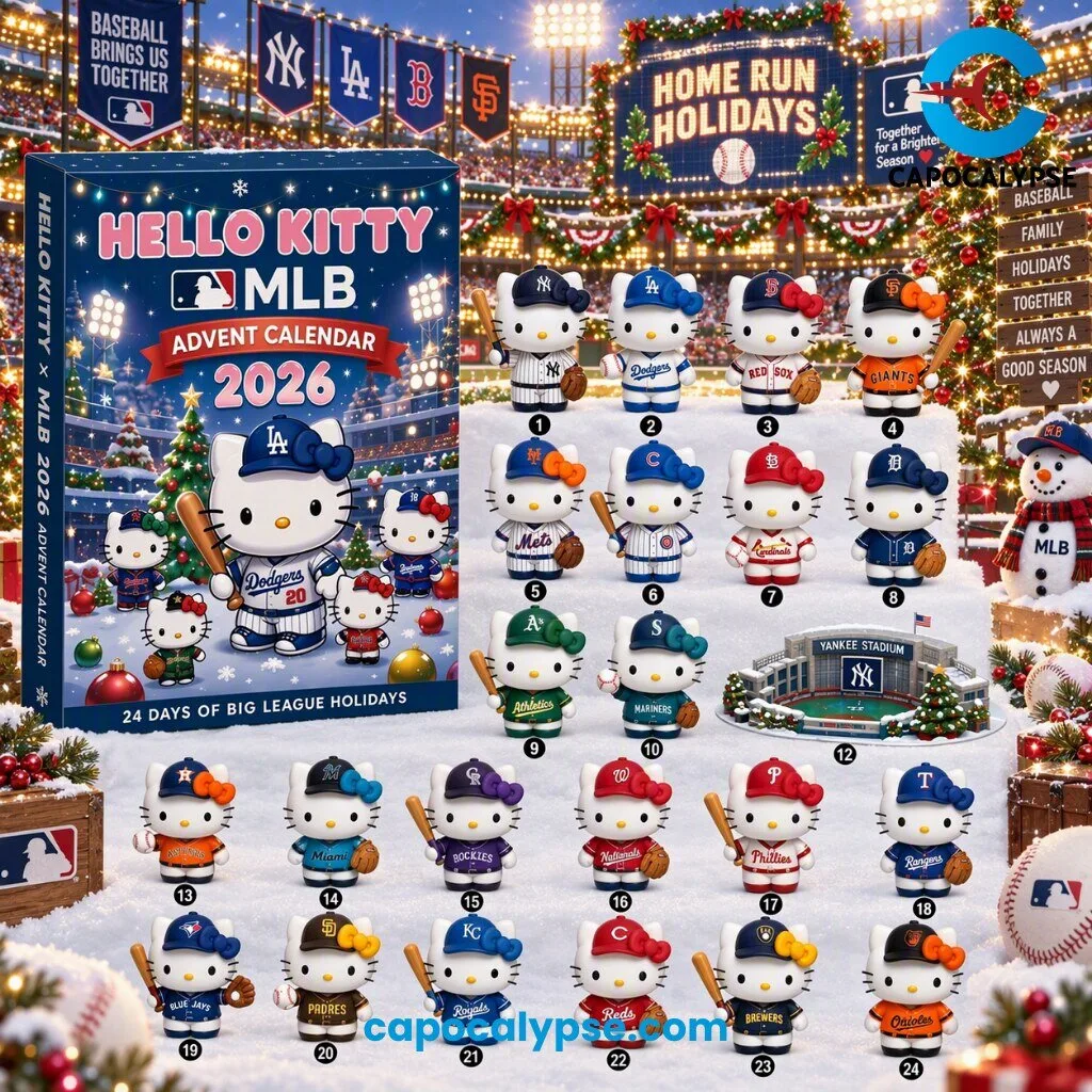 Hello Kitty MLB Advent Calendar 2026 24 Days of Big League Holidays 1 Hello Kitty MLB Advent Calendar 2026 featuring cute Hello Kitty character in Dodgers pinstriped uniform with 24 collectible Hello Kitty figurines in different MLB team uniforms and caps