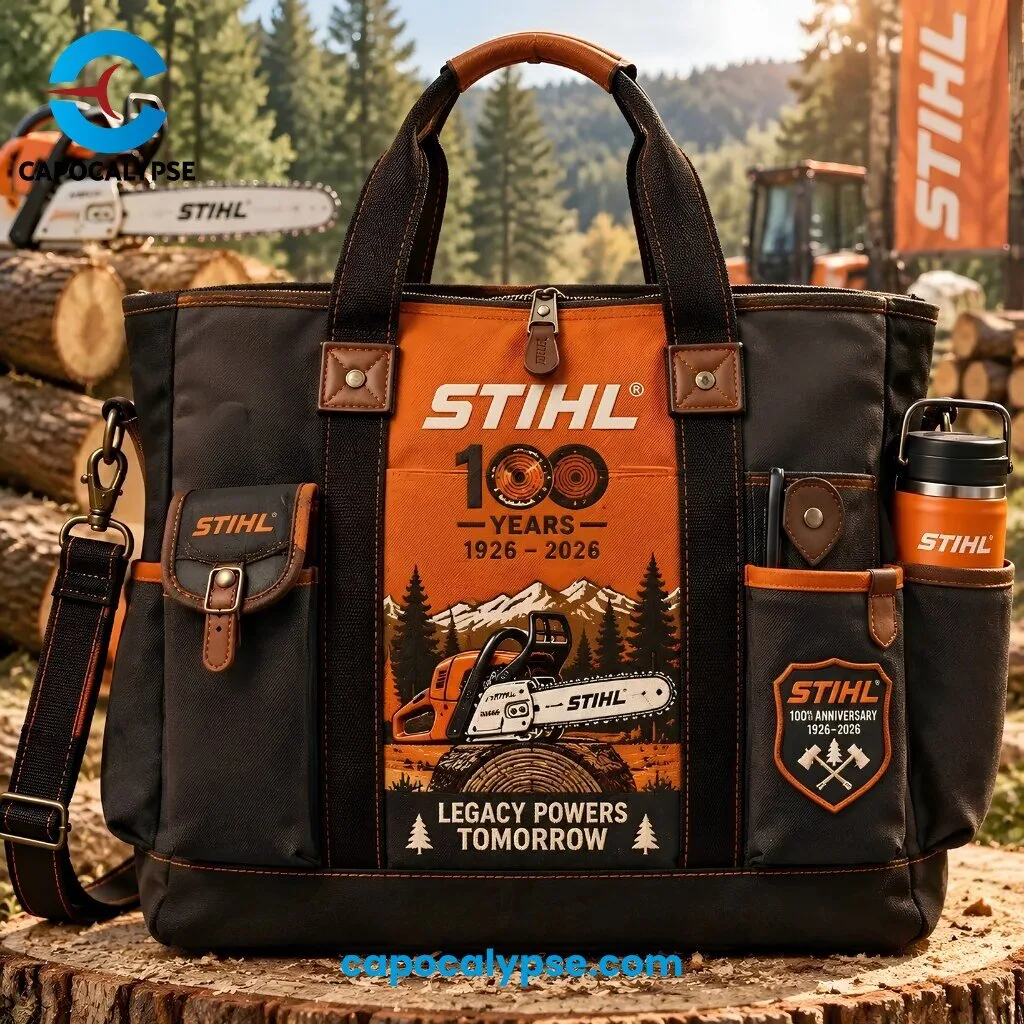 STIHL 100 Years Anniversary Legacy Powers Tomorrow Work Tote Bag 4 STIHL 100 Years Anniversary work tote bag with chainsaw illustration mountains and Legacy Powers Tomorrow text in orange and black