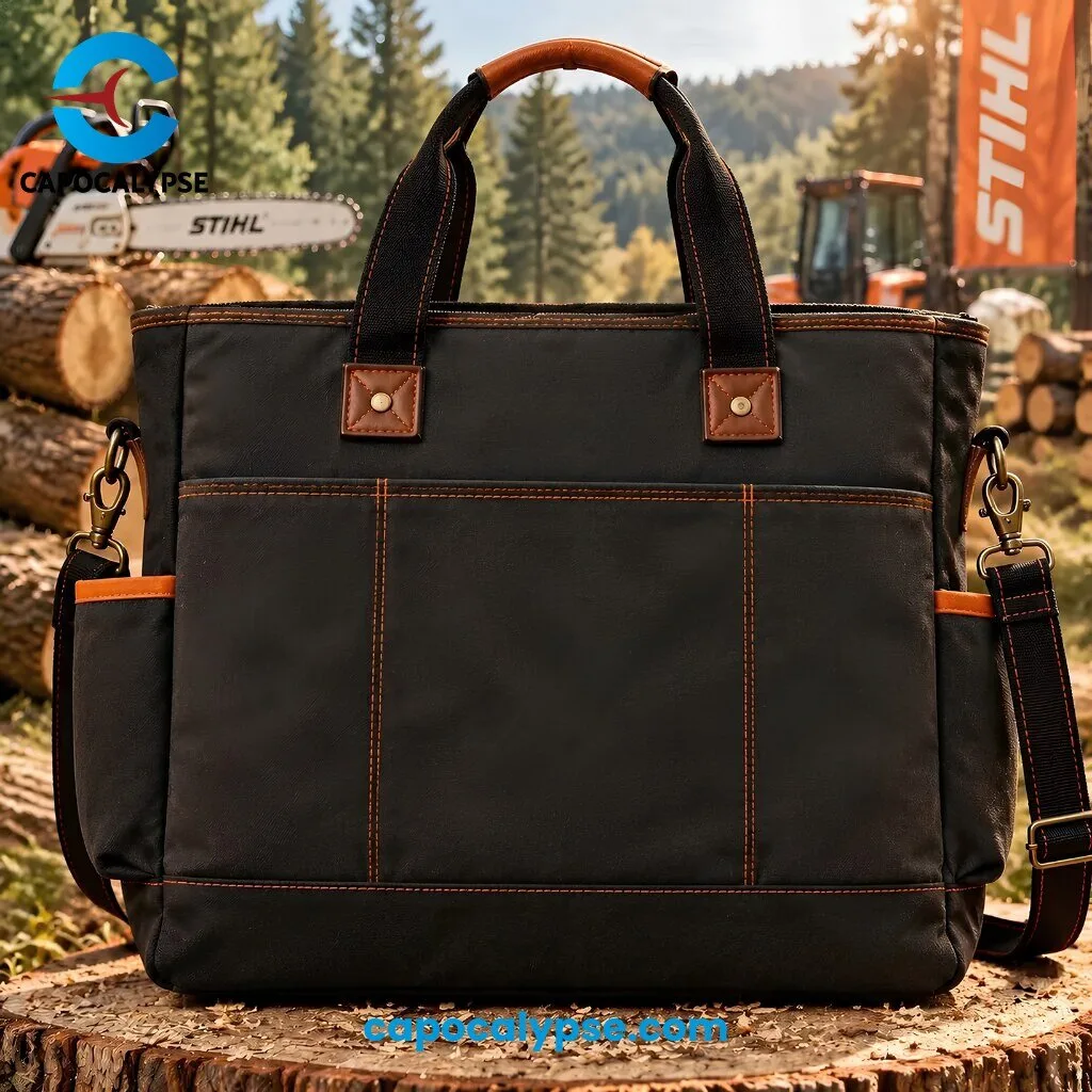 STIHL 100 Years Anniversary Legacy Powers Tomorrow Work Tote Bag 5 STIHL 100 Years Anniversary work tote bag with chainsaw illustration mountains and Legacy Powers Tomorrow text in orange and black