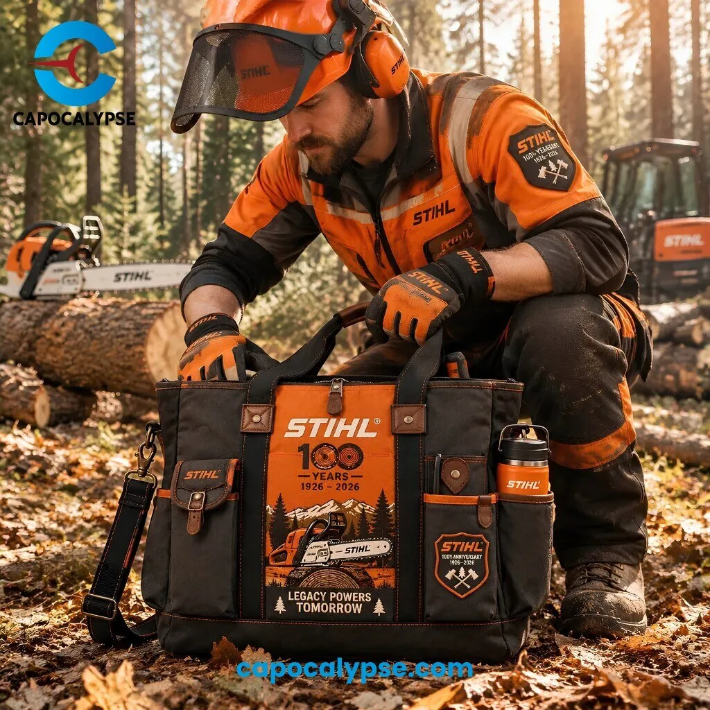 STIHL 100 Years Anniversary Legacy Powers Tomorrow Work Tote Bag 6 STIHL 100 Years Anniversary work tote bag with chainsaw illustration mountains and Legacy Powers Tomorrow text in orange and black