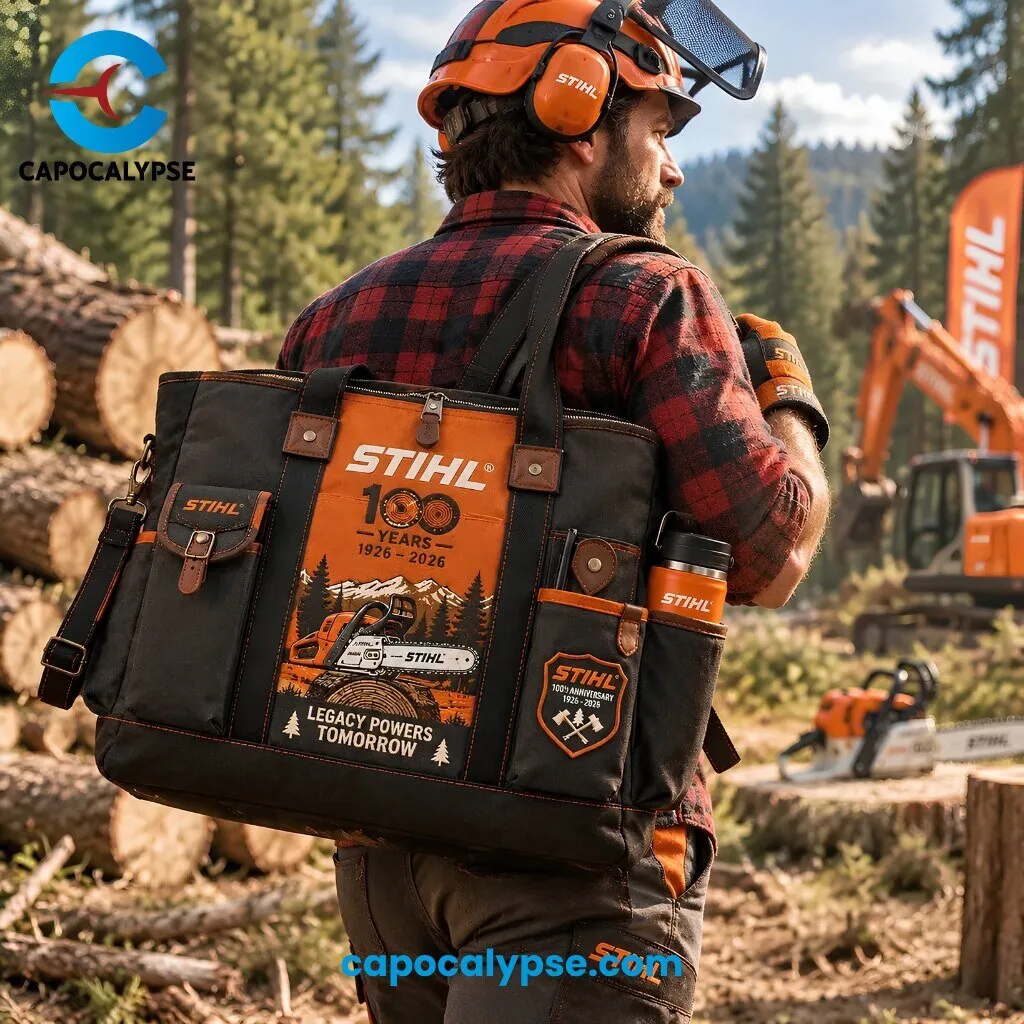 STIHL 100 Years Anniversary Legacy Powers Tomorrow Work Tote Bag 7 STIHL 100 Years Anniversary work tote bag with chainsaw illustration mountains and Legacy Powers Tomorrow text in orange and black