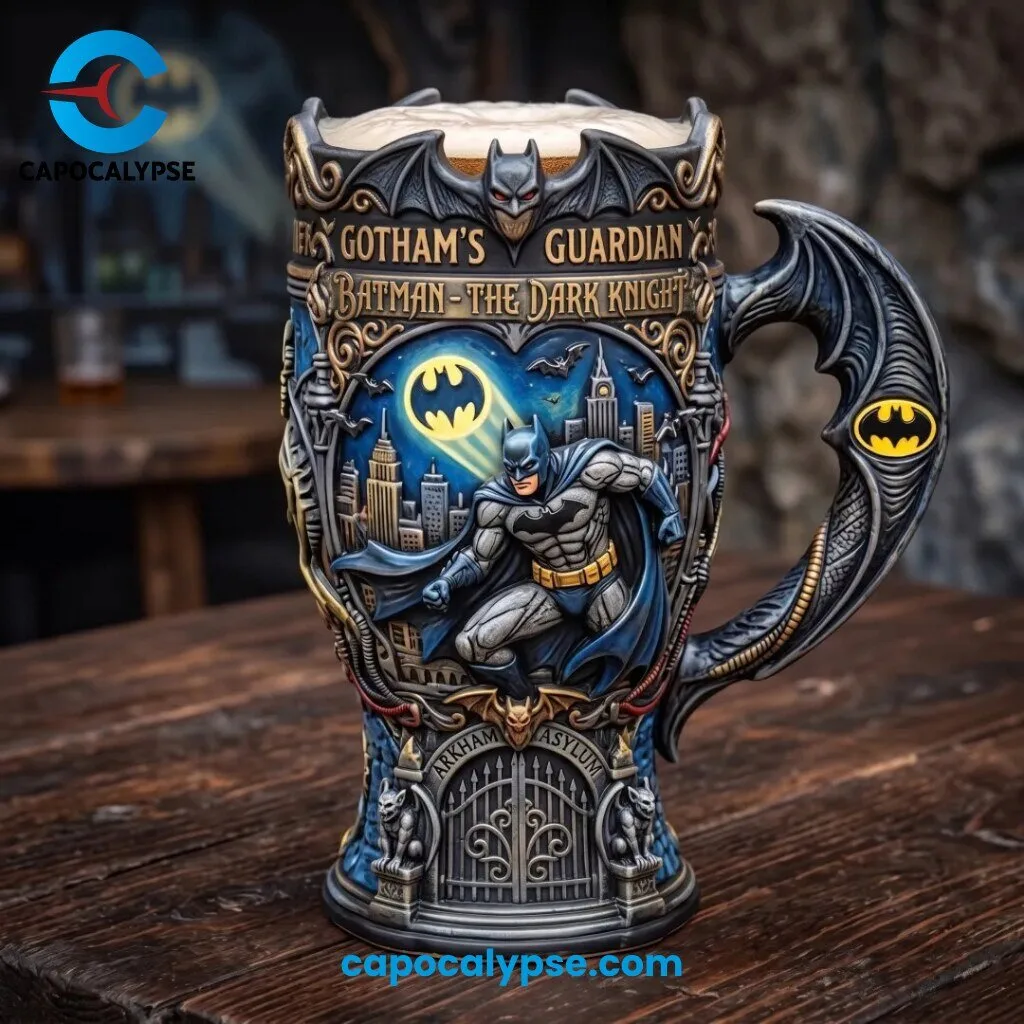 Batman The Dark Knight Gotham Guardian Collectible Beer Stein 2 Batman Dark Knight collectible beer stein with glowing bat symbol Gotham skyline and sculptural bat wing handle and lid