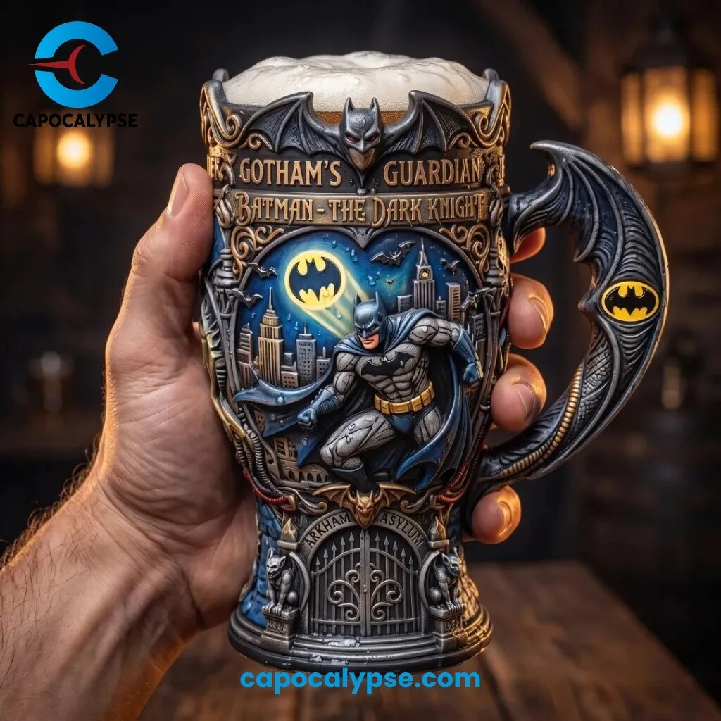 Batman The Dark Knight Gotham Guardian Collectible Beer Stein 3 Batman Dark Knight collectible beer stein with glowing bat symbol Gotham skyline and sculptural bat wing handle and lid
