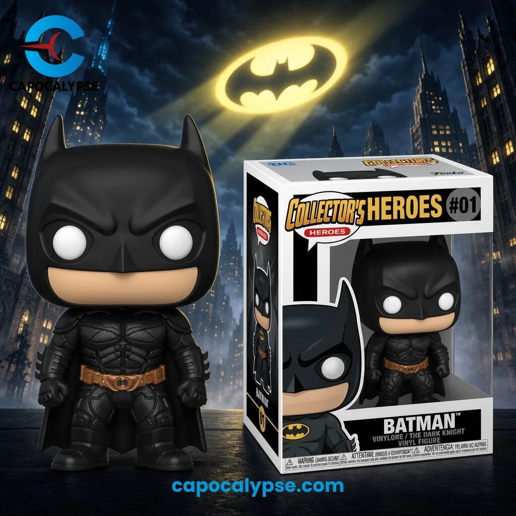 Funko Pop Batman Collectors Heroes #01 The Dark Knight Vinyl Figure 1 Funko Pop Batman Collectors Heroes vinyl figure featuring Dark Knight in black armor suit and orange utility belt standing in display box against Gotham City skyline with bat signal