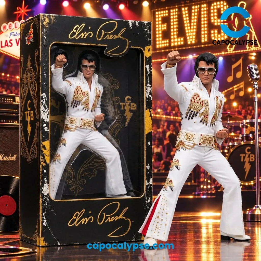 Elvis Presley Action Figure White Jumpsuit Las Vegas Collectible 1 Elvis Presley action figure wearing iconic white jumpsuit with gold eagle applique, oversized sunglasses, and slicked-back black hair standing in power pose against vintage Las Vegas stage setting with neon lights and microphone