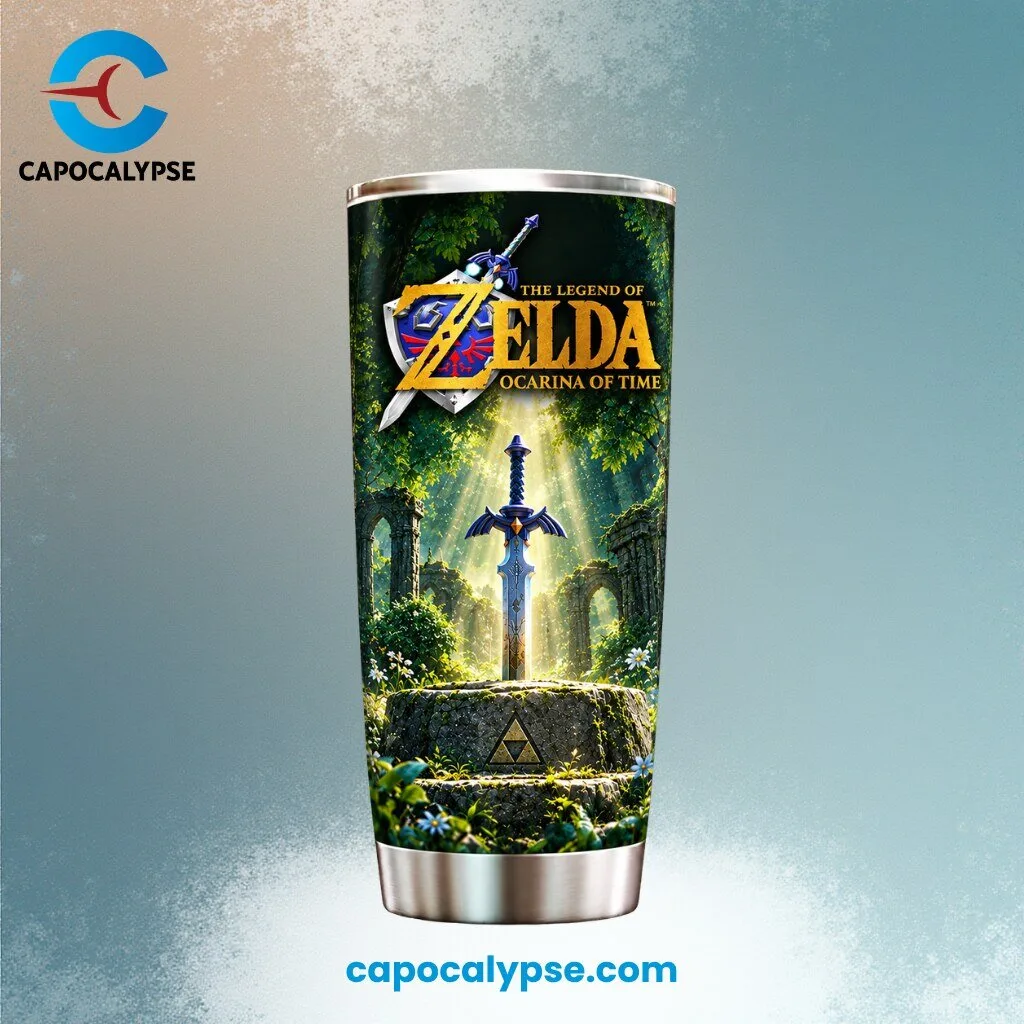 The Legend of Zelda Ocarina of Time Tumbler 5 Zelda Ocarina of Time tumbler with young Link in green tunic holding a blue ocarina beside a glowing fairy in a forest