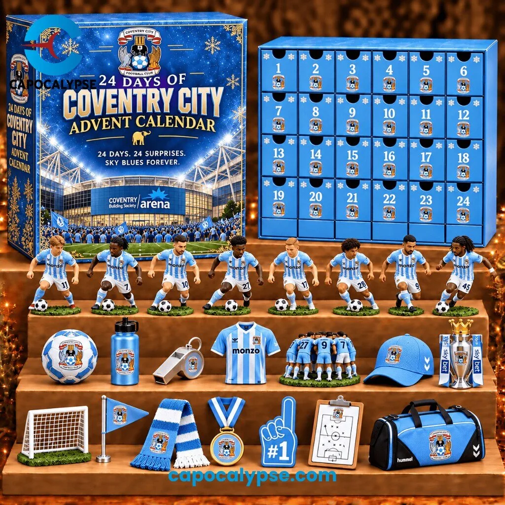 24 Days of Coventry City Advent Calendar 1 24 Days of Coventry City advent calendar with blue numbered drawers, club crest and player figurines in sky blue kits