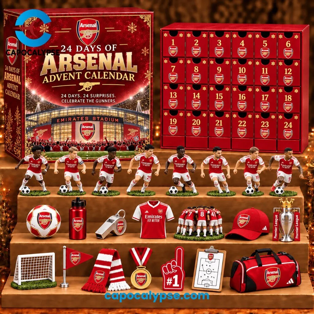 24 Days of Arsenal Advent Calendar 1 24 Days of Arsenal advent calendar with red numbered drawers, club crest and player figurines in red and white kits