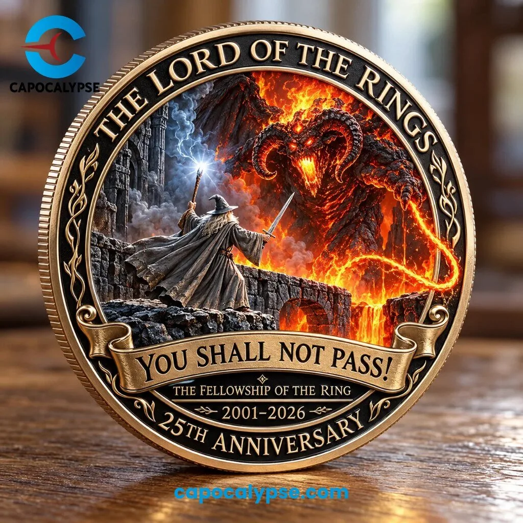 Lord of the Rings 25th Anniversary Collectible Coin 2001-2026 1 Lord of the Rings 25th Anniversary collectible coin with a wizard facing a fiery demon, YOU SHALL NOT PASS banner and gold 2001-2026 text