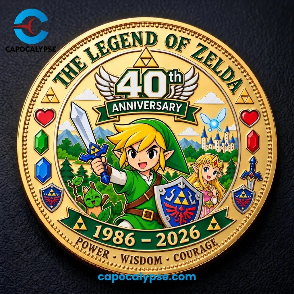 Legend of Zelda 40th Anniversary Collectible Coin 1986-2026 1 Legend of Zelda 40th Anniversary gold collectible coin with cartoon hero holding sword and shield, Triforce symbols and 1986-2026 text