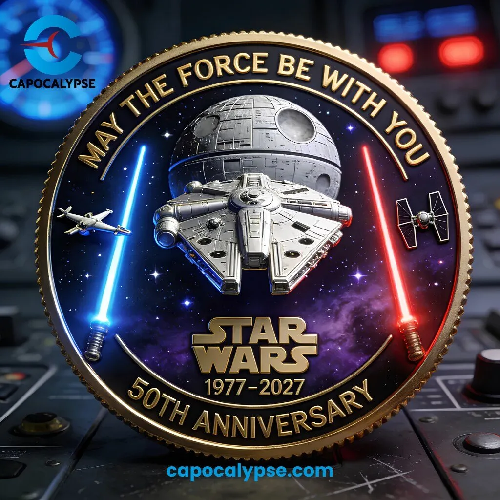 Star Wars 50th Anniversary Collectible Coin 1977-2027 1 Star Wars 50th Anniversary gold collectible coin with Death Star, Millennium Falcon, blue and red lightsabers and 1977-2027 text
