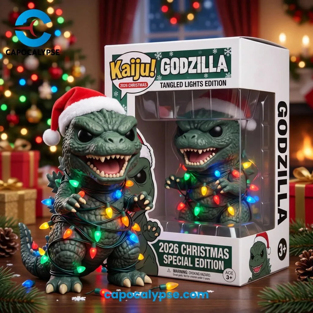 Godzilla 2026 Christmas Tangled Lights Edition Kaiju Figure 1 Godzilla 2026 Christmas kaiju figure wrapped in colorful string lights and a red Santa hat beside its clear window box